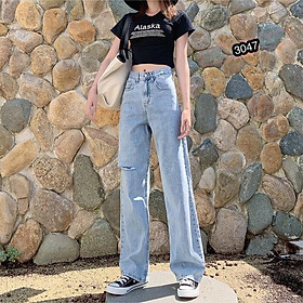QUẦN JEAN DÀI ỐNG RỘNG LƯNG CAO RÁCH - QUẦN BÒ NỮ CULOTTES SUÔNG N - T 36