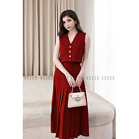 Set áo váy gile đỏ xếp ly NGADO , set áo váy dài , set gile nữ , set công sở
