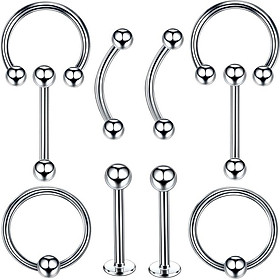 10 Pieces Stainless Steel Nose Lip Tongue Eyebrow Tragus Navel Belly Ring Piercings 16g