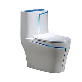 Bồn cầu một khối màu trắng, kiểu tròn kết hợp viền sườn xám nghệ thuật
