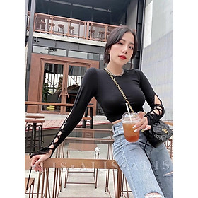 Áo Thun Croptop Nữ Kiểu Tua Đan Dây Dài Tay Ôm Body_ Áo Crop Top Crt Tay Dài Đan Dây Tay Dài Cổ Tròn Màu Trắng, Đen