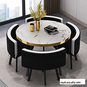 Bộ bàn ăn tròn 4 ghế da khung thép, mặt gỗ tự nhiên phủ chống thấm giả vân đá, thiết kế tiết kiệm diện tích