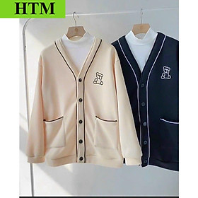 Áo Khoác Hoodie Nam Nữ Form Rộng Dáng kiểu Gài Nút Có Đường Viền In HÌnh Gấu Cực Đáng Iu Hàng CuTe Hot Trend HTM FASHION - Be Kem