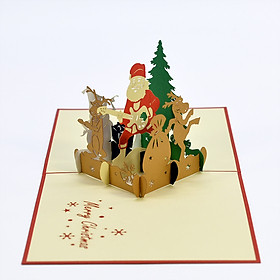 Thiệp nổi 3D handmade Christmas pop-up card, Ông già Noel chơi đàn cùng tuần lộc trong ngày Giáng Sinh CN096