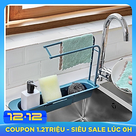 Kệ nhựa dài CO DÃN để bồn đựng đồ rửa chén, có khay treo khăn lau tay nhà bếp mới - giao màu ngẫu nhiên