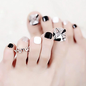 Bộ 24 móng chân giả trang trí trắng đen kèm keo