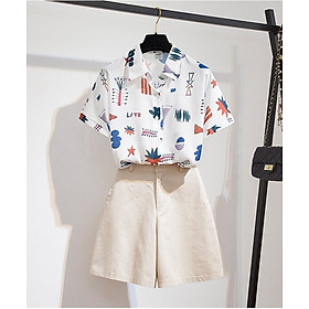 Áo sơ mi nữ Đũi Việt, áo sơ mi ngắn tay họa tiết xinh xắn SM69 - M
