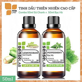 Tinh dầu cao cấp SENSELAB gồm 2 chai tinh dầu nguyên chất: tinh dầu Sả chanh (50ml) + tinh dầu Bạc hà (50ml). Tinh dầu xông phòng nhập khẩu