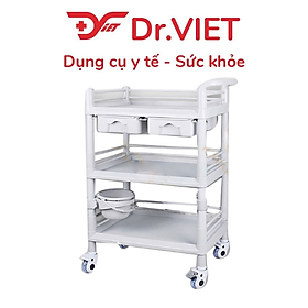 Xe đẩy dụng cụ tiêm nhựa ABS Loại 3 tầng 2 hộc nhỏ, 1 chậu (M)