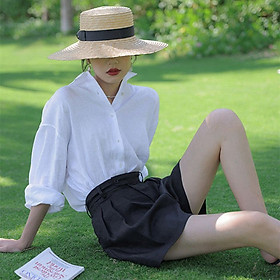 Áo sơ mi công sở nữ Basic form rộng trẻ trung, chất vải Linen tưng Hàn mềm mát, thích hợp mùa hè