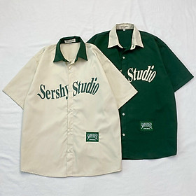 [FreeShip] Áo khoác sơ mi kaki quốc dân CỔ BẺ logo in Sershy Studio có 2 màu xanh đen form rộng, form đẹp, áo flanl