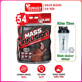 Combo Sữa tăng cơ & tăng cân Mass Infusion của Nutrex bịch lớn 5.45kg hỗ trợ tăng cơ, tăng cân nhanh, có enzim tiêu hoá cho người dị ứng lactose & Bình lắc 600 ml (Mẫu Ngẫu Nhiên) - Chocolate