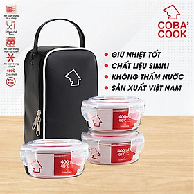 Mua Bộ 3 hộp đựng cơm thủy tinh 400ml kèm túi DA simili giữ nhiệt XẢ KHO- CCR43LS-XA