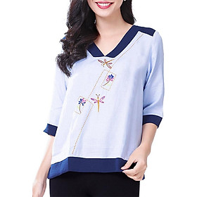 Áo Thêu Cổ V Oversize An Thủy 686 - Xanh Nhạt