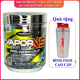 Combo Pre-Workout Vapor X5 của MuscleTech hương Blue Razz Freeze hộp 30 lần dùng hỗ trợ Tăng Sức Bền, Sức Mạnh, Đốt Mỡ, Giảm Cân mạnh mẽ cho người tập GYM & Bình INOX 739ML (mẫu ngẫu nhiên)
