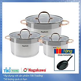 Bộ 3 Nồi Inox Cao Cấp 5 đáy Nagakawa NAG1352 (16cm, 20cm, 24cm) Dùng Cho Mọi Loại Bếp - Hàng Chính Hãng
