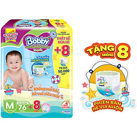Tã Quần Bobby Đệm Lưng Thấm Mồ Hôi M76 (76 Miếng) - Tặng 8 Miếng Phiên Bản Hè Vui Nhộn