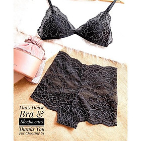 Set bralette ren mút ngực quần Đùi Đen Hoa Văn