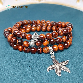 Vòng tay phong thủy Mắt Hổ Nâu Đỏ 6 li quấn 3 mix Charm bạc ngôi sao biển cát tường tài lộc hợp mệnh Hỏa Thổ - 16cm