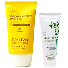 Combo 1 kem chống nắng Beauskin Hàn quốc ( 50ml) + 1 Sữa rửa mặt trà xanh hỗ trợ điều trị mụn Dabo ( 60ml)
