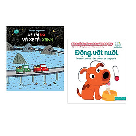 Combo 2 cuốn Ehon mẫu giáo: Xe tải đỏ và xe tải xanh + Sách chuyển động - Song ngữ A-V: Domestic Animals - Động vật nuôi