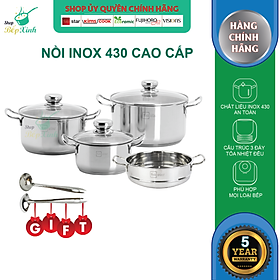 Bộ nồi inox Fivestar 4 chiếc nắp kính 3 đáy, inox 430, dùng được bếp từ