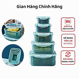 Hộp nhựa đựng thực phẩm bộ 5 món kèm rổ - Hộp bảo quản thức ăn, rau củ cất tủ lạnh tiện lợi, nhựa PC cao cấp an toàn