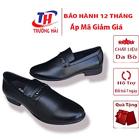 Giày tây nam BIGSIZE Trường Hải mũi nhọn da bò thật Màu đen đế cao su không trơn may chắc chắn GT146