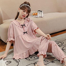 Bô Đồ Ngủ Pyjama Bèo Nơ Tay Ngắn Quần Dài Cotton Mùa Hè