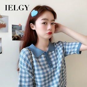 Áo thun cổ polo tay ngắn họa tiết sọc ca rô thời trang phong cách retro Hàn Quốc cho nữ