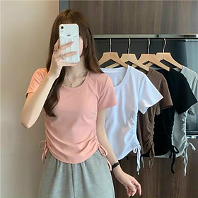 Áo Thun Croptop Tay Ngắn Dáng Ôm Phối Dây Rút Thời Trang Quyến Rũ Cho Nữ