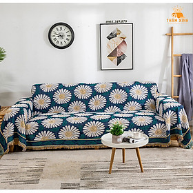 Thảm phủ sofa họa tiết thổ cẩm, Thảm vintage trải sàn phòng khách họa tiết Hoa Cúc [Size 2m3x1m8
