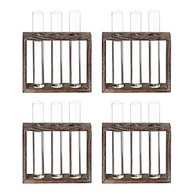 Set of 4 Clear Glass Planter Tube Vase with Vintage Wood Stand for Home Office