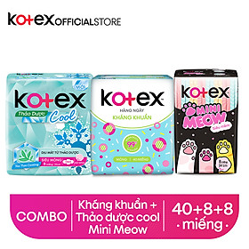 Combo Băng Vệ Sinh Kotex hằng ngày kháng khuẩn 8 miếng + Thảo dược Cool SMC 8 miếng + Mini Meow SMC 8 miếng