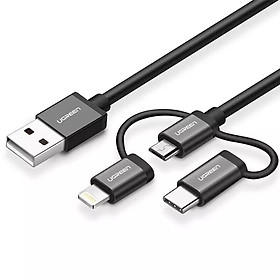 Ugreen UG30785US186TK 1.5M màu Đen Cáp sạc đa năng USB sang TypeC + Micro + Lightning - HÀNG CHÍNH HÃNG