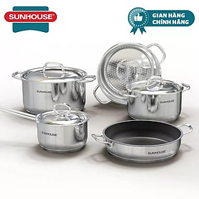 Bộ nồi chảo inox 5 đáy Sunhouse SHG995 dùng cho mọi loại bếp - Hàng chính hãng