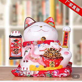 Mua Mèo Thần Tài Sứ   Mèo May Mắn Maneki Neko cao 23cm. Vẩy Tay Gọi Khách BÁT PHƯƠNG KHAI TÀI