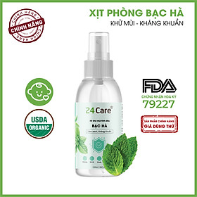Xịt Phòng Tinh Dầu Bạc Hà Hữu Cơ Organic 24Care 50ML/100ML - Kháng khuẩn - Khử mùi hôi - Đuổi muỗi, côn trùng - Tập trung tinh thần làm việc, lái xe, học hành - Hương thơm thư giãn.