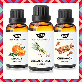 Combo 3 Tinh Dầu Xông Phòng Kobi: Tinh Dầu Sả Chanh (30ml) + Tinh Dầu Cam Ngọt (30ml) + Tinh Dầu Vỏ Quế (30ml) - Tinh Dầu Thiên Nhiên Nguyên Chất, Giúp Giảm Stress, Xua Đuổi Côn Trùng Và Khử Mùi Hiệu Quả, Thích Hợp Dùng Với Đèn Xông Và Máy Khuếch Tán Tinh Dầu