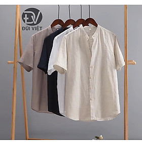 Áo sơ mi nam ngắn tay trơn basic unisex cổ trụ vải sợi Linen thô cao cấp