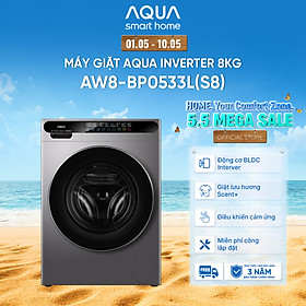 [SẮP RA MẮT 2026] Máy giặt cửa trước AQUA Inverter 8kg AW8-BP0533L(S8) - Bảo hành 2 năm - Freeship toàn quốc - Hàng chính hãng