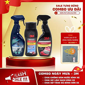 Bộ 3 món chăm sóc xe ngày mưa gồm chai chống bám nước, xịt rửa kính và xịt tăng bóng sơn xe 3M 3M-CBMUA - Tặng kèm khăn lau ô tô, trượt kính, vệ sinh kính, tăng bóng xe