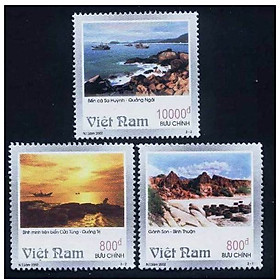 Bộ 3 tem sưu tầm phong cảnh Trung bộ với hình ảnh Biển Đảo tem chết và tem sống