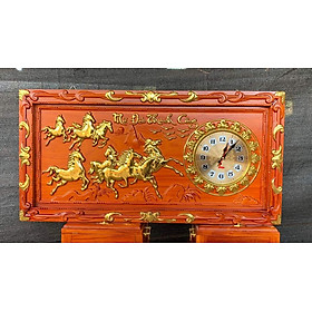 Tranh đồng hồ treo tường trạm khắc mã đáo thành công bằng gỗ hương đỏ kt 41×81×3cm