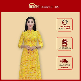 Áo dài Cách tân Đũi lụa họa tiết hoa lá trẻ trung, tay lỡ