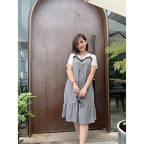 Đầm bầu dài qua gối giả yêm caro đen thiết kế
