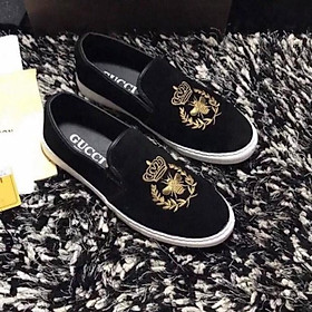 Free ship giầy lười da lộn ong thêu đen