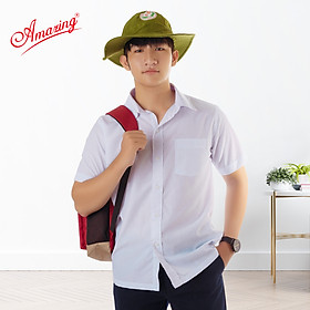 Áo sơ mi nam vạt ngang Amazing màu trắng, đồng phục học sinh các cấp, vải KT silk mềm mát, form slim fit, thân áo gọn đẹp, size từ 40 đến 100kg