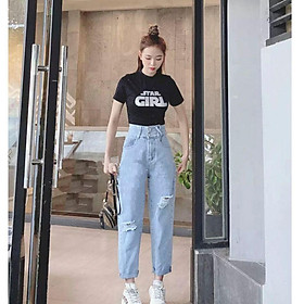 Quần bò jeans nữ dáng baggy lưng siêu cao 2 nút ,đai chéo, thời trang mới tại thuydieushop96 bg1