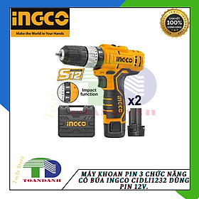 Máy khoan pin 3 chức năng có búa INGCO CIDLI1232 dùng pin 12V.